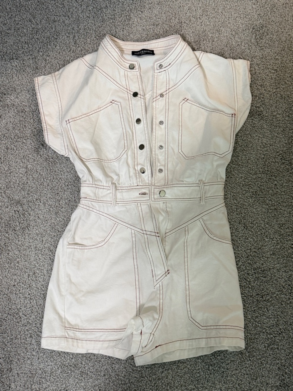 Kittenish white Cream Mini Romper Dress with Contrast Stitching small